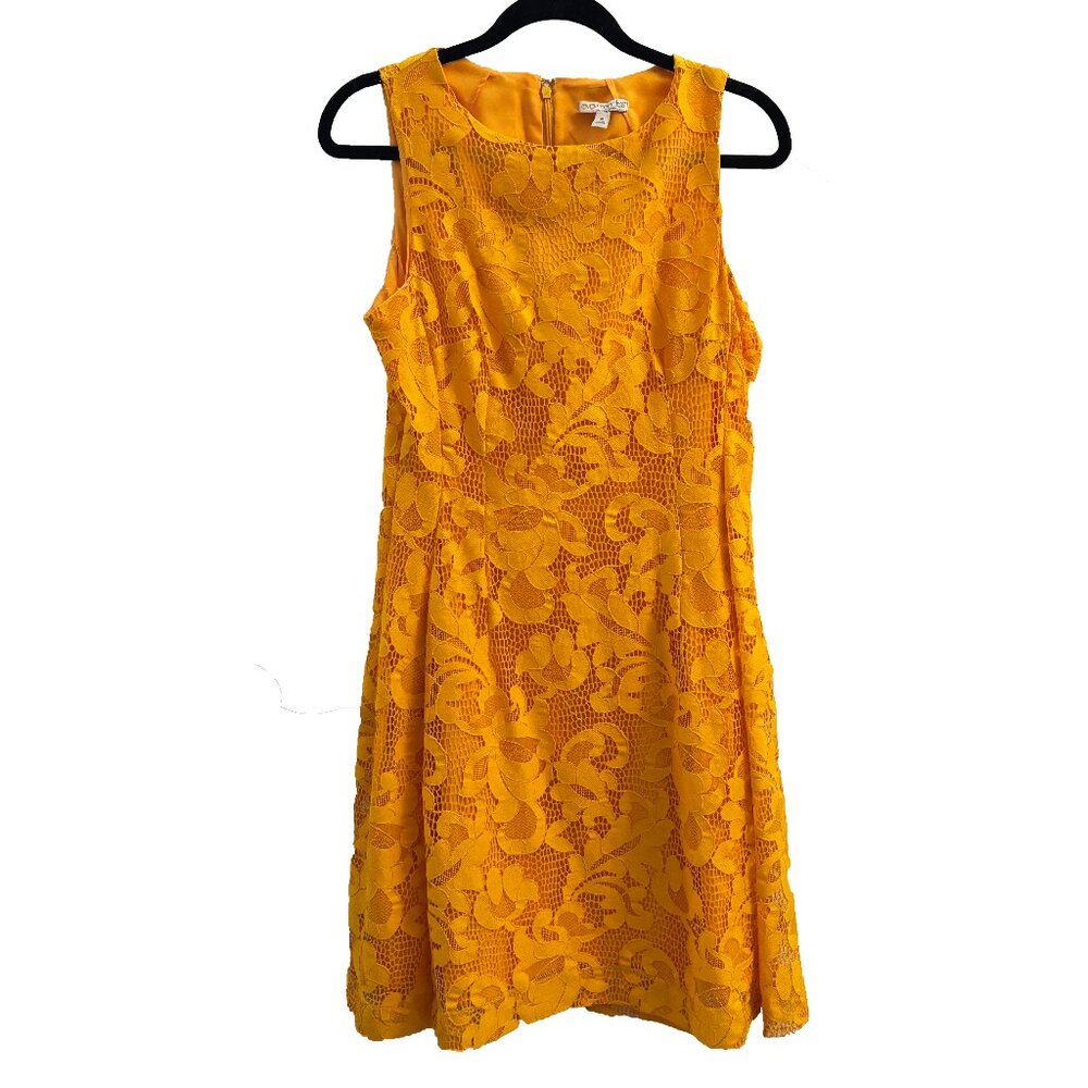 Eva Mendes NY & Co Fit & Flare Dress Size 10 Mustard Sleeveless Floral Lace